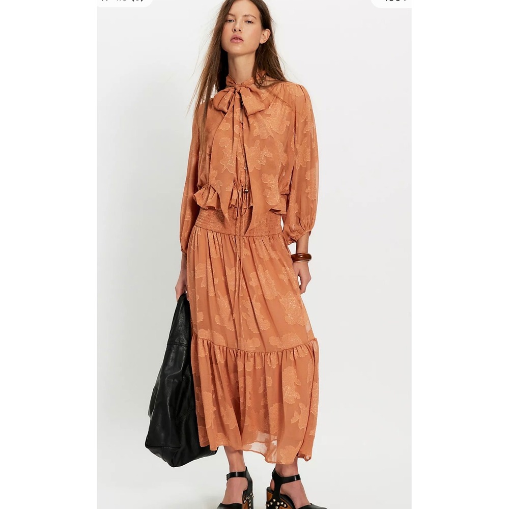 Free People Floral Burnout 2 Piece Set Terracotta Orange Maxi Skirt Blouse XS